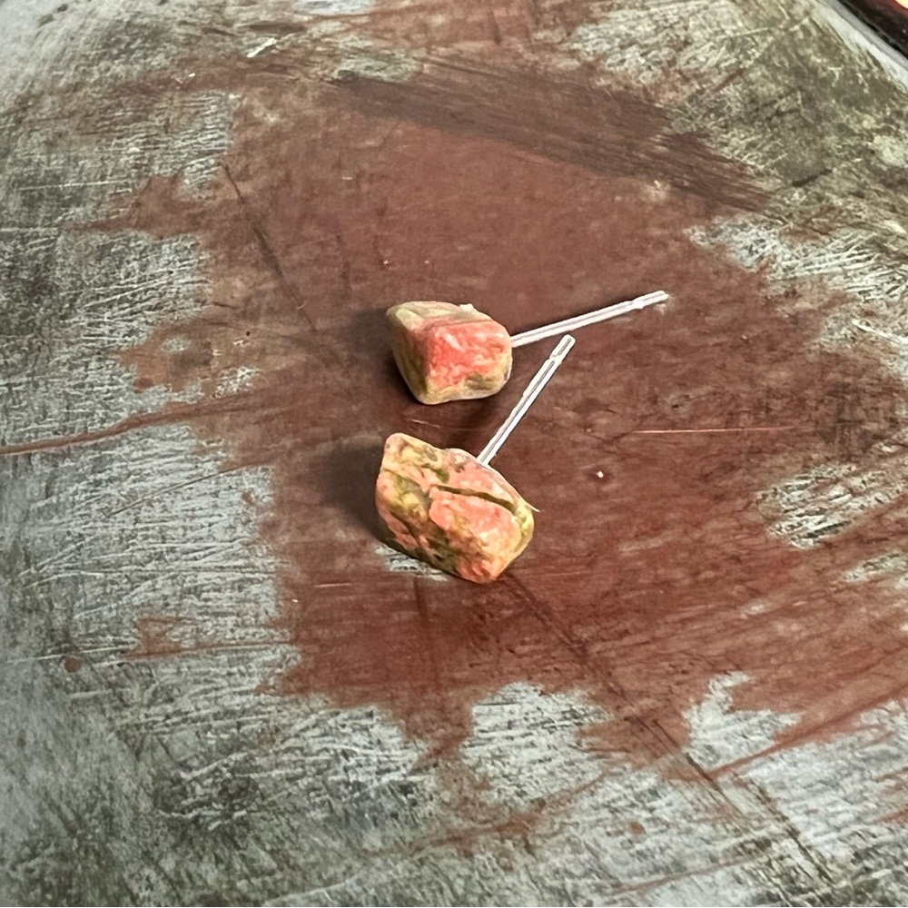 Unakite gemstone stud earrings with hypoallergenic stainless steel posts